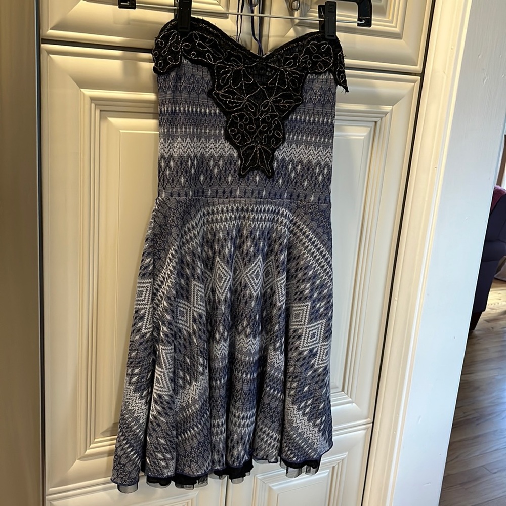 Free People Vintage blue holiday dress XS with sequins at neckline